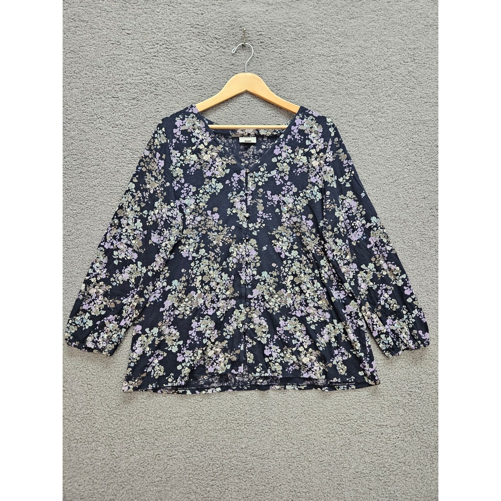 J. Jill Floral V-Neck Blouse Large Petite Navy Blue Cottagecore Boho Top